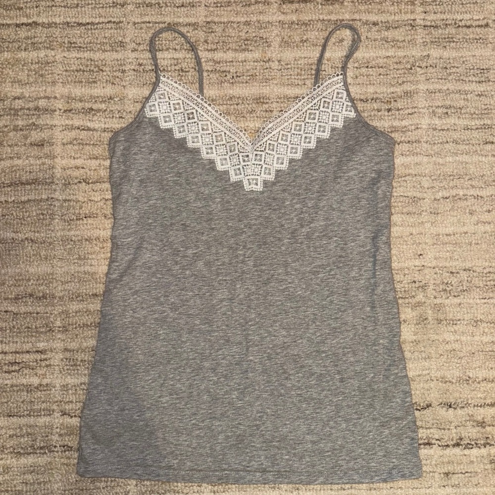 Excellent Condition White Lace Trim Gray VNeck Cami Meduim LOFT